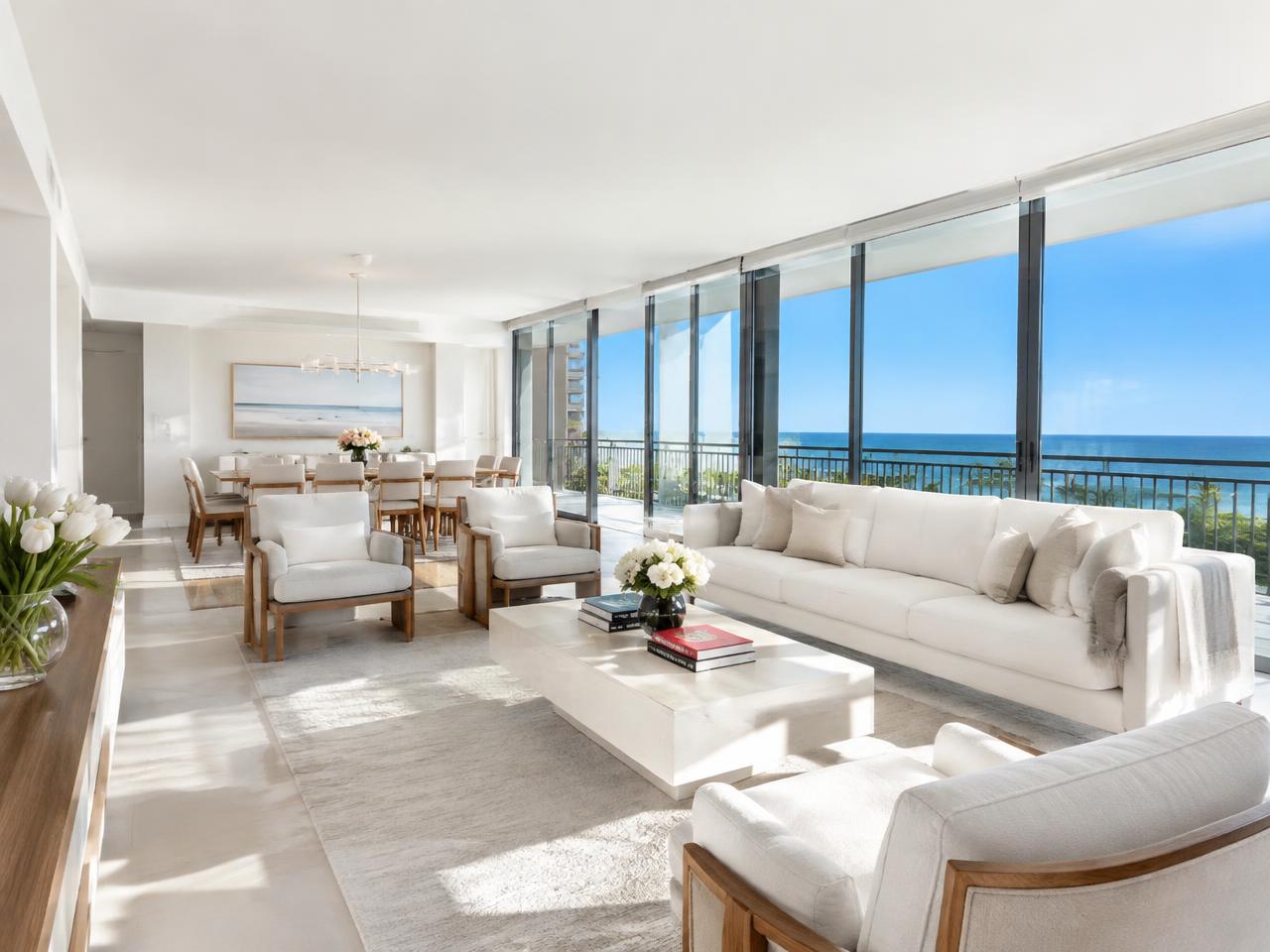 Bright Miami condo living room with ocean view