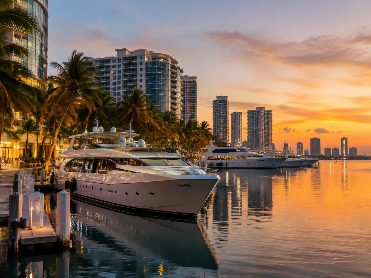 Miami marina with yachts and waterfront condos at dusk